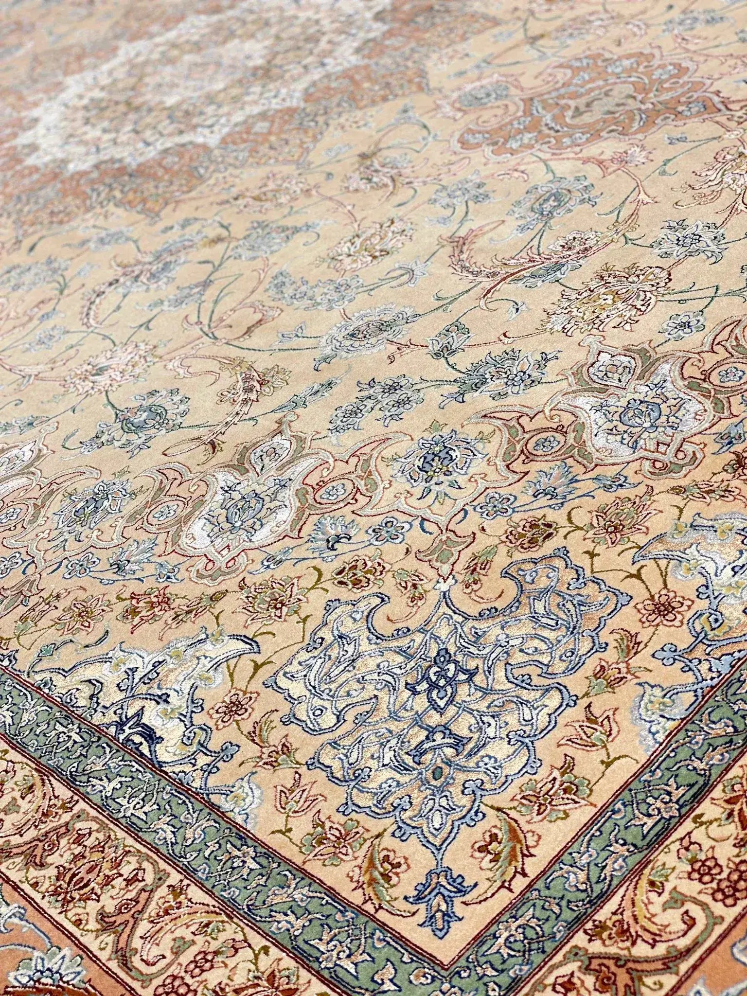 "Authentic Persian rug in soft pastel tones, handmade by Akhtarian"